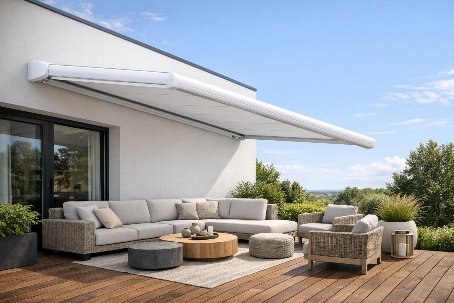Zdjęcie nowoczesnej białej kasetowej markizy tarasowej nad drewnianym tarasem z meblami ogrodowymi