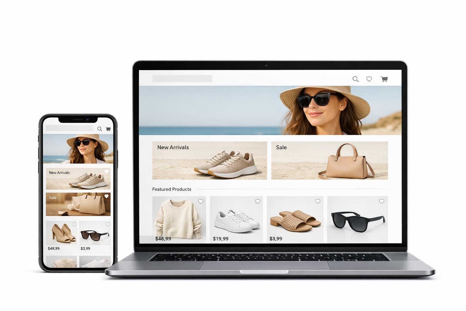 Responsywny wygląd sklepu wyświetlony na smartfonie i laptopie